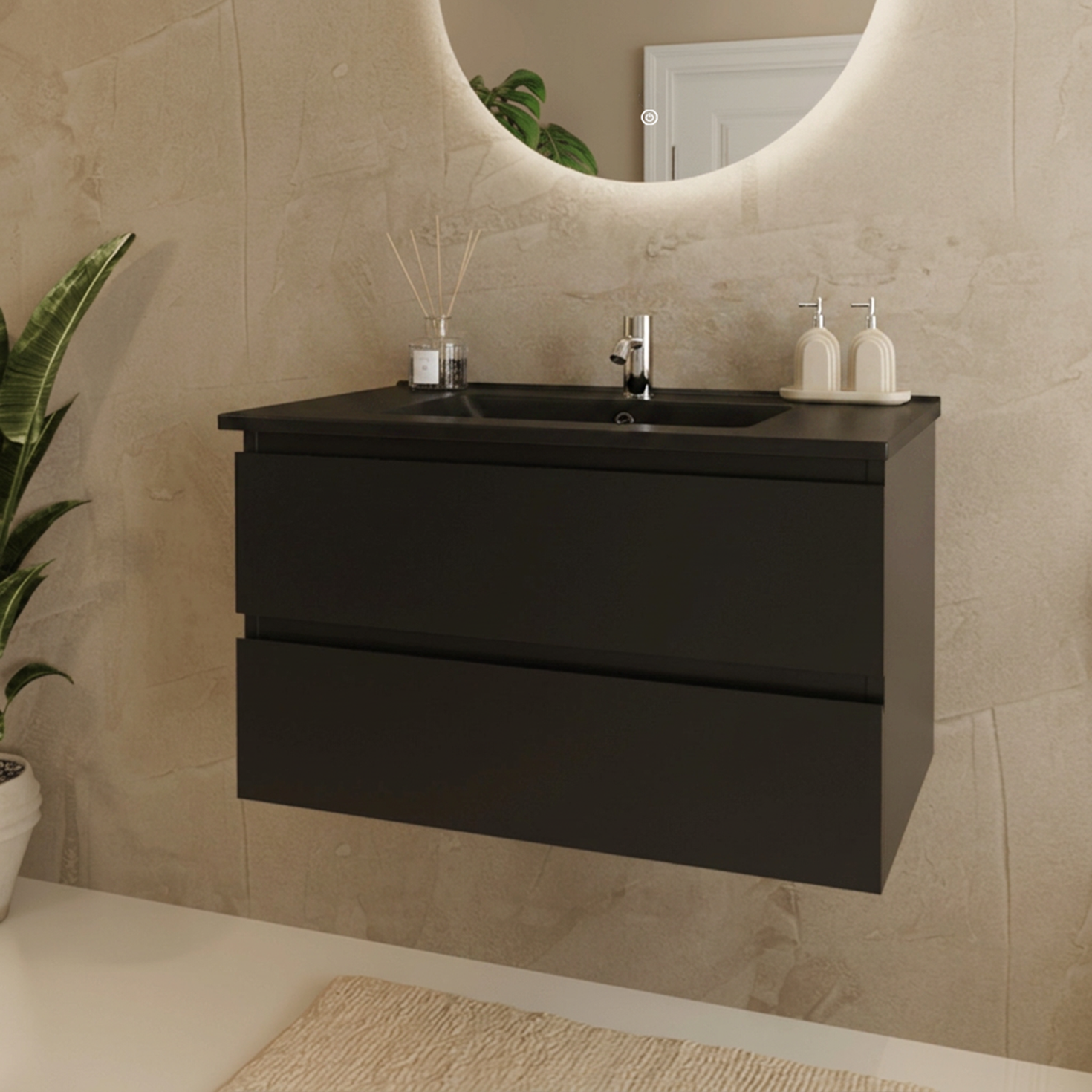 Mueble de baño suspendido MARENZA negro mate - Lavabo negro - 80cm
