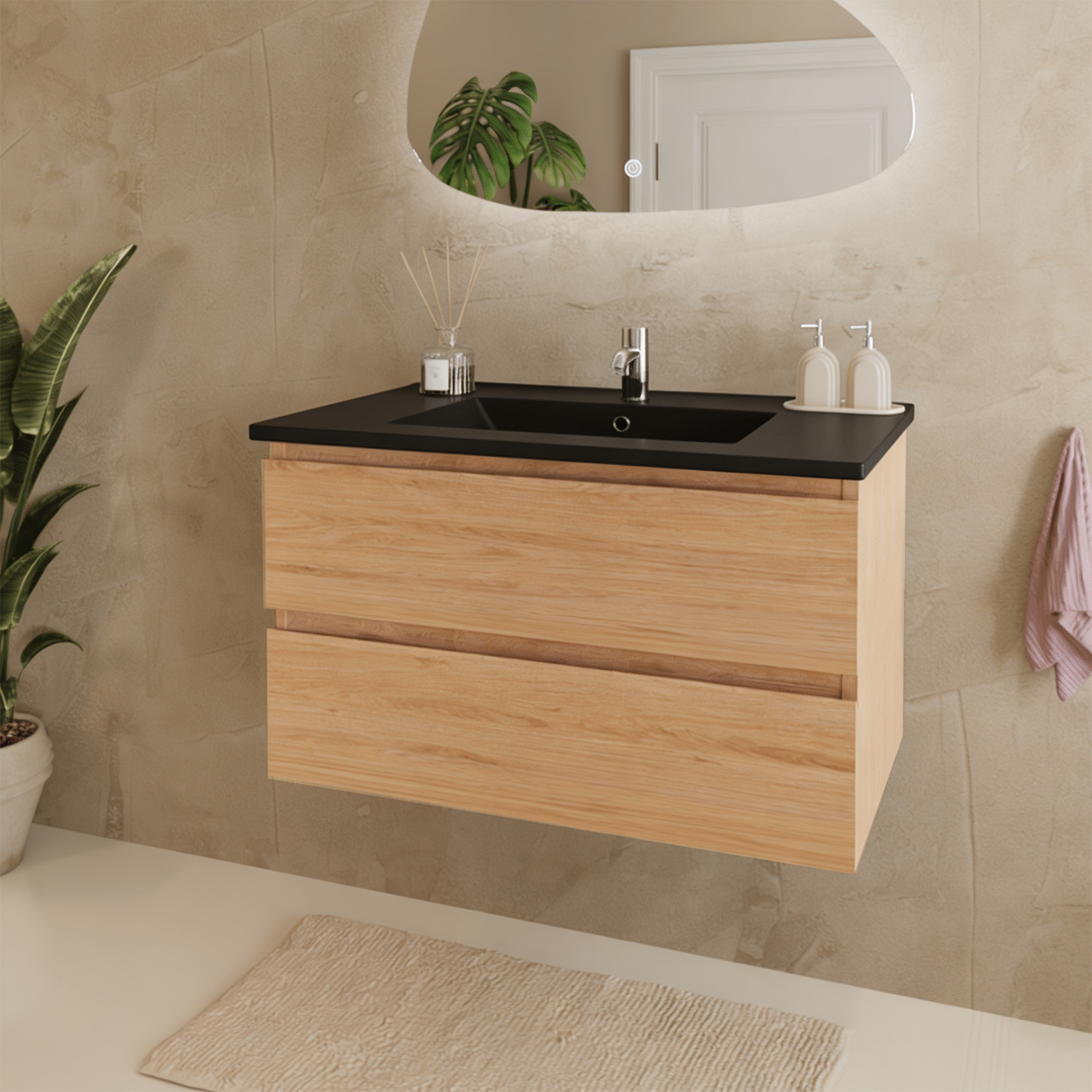 Mueble de baño suspendido MARENZA roble claro - Lavabo negro - 100cm