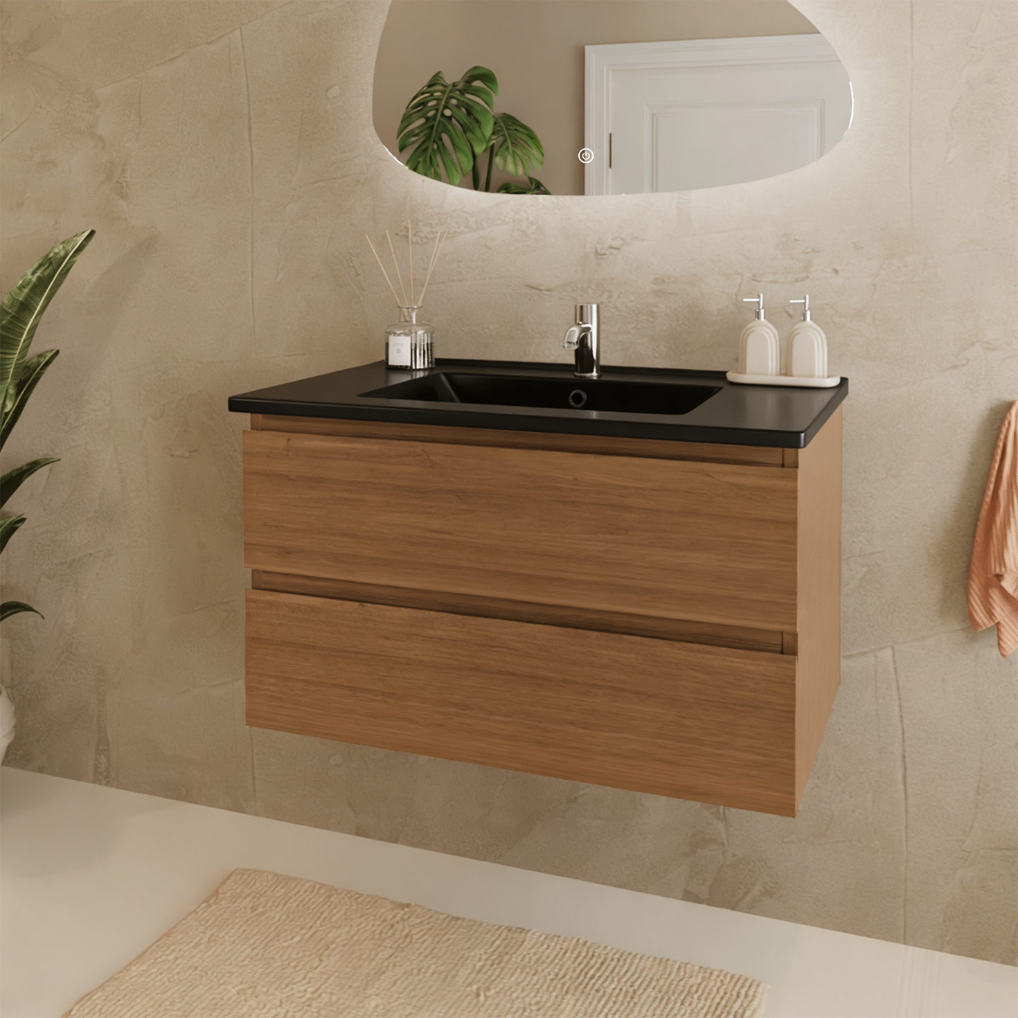 Mueble de baño suspendido MARENZA roble cálido - Lavabo negro - 80cm