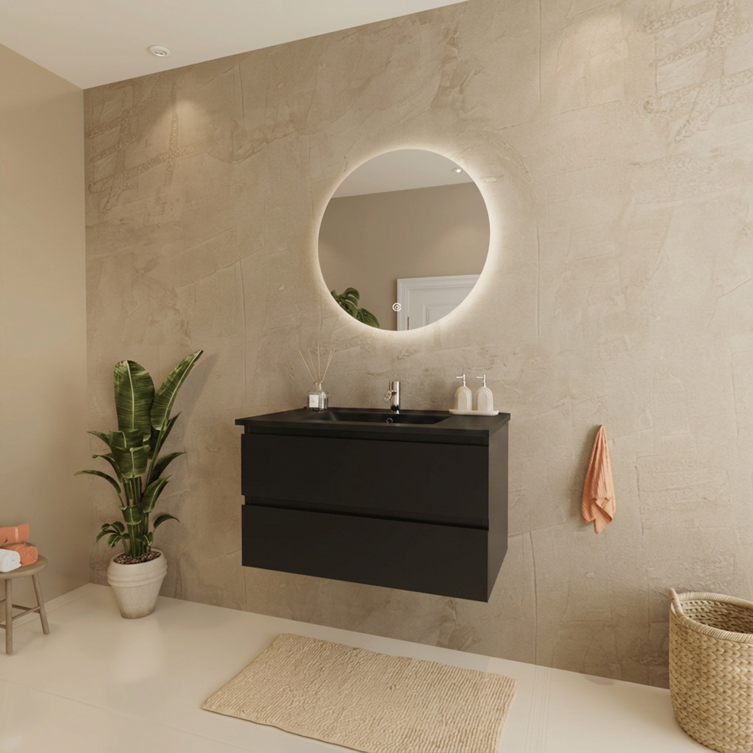 Mueble de baño suspendido MARENZA negro mate - Lavabo negro - 80cm
