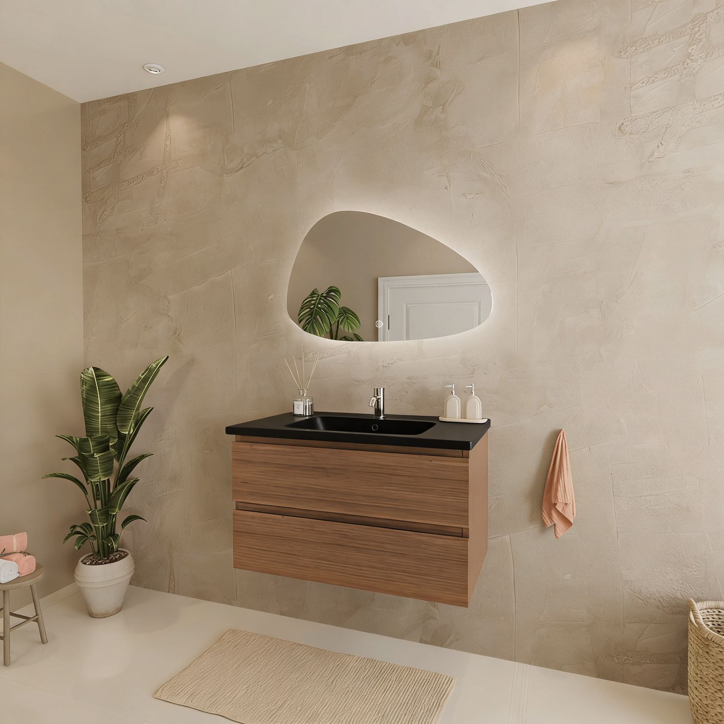Mueble de baño suspendido MARENZA roble cálido - Lavabo negro - 80cm