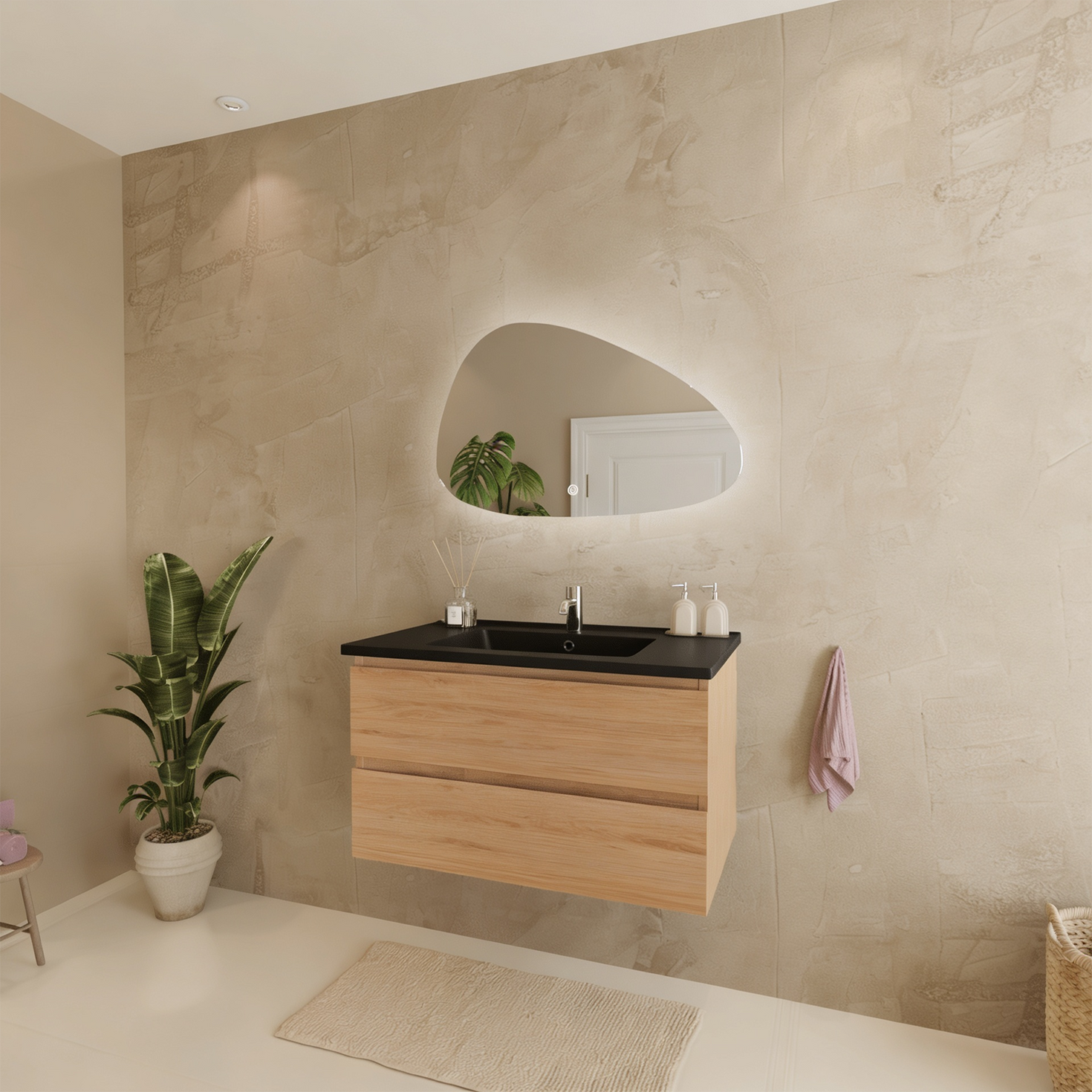 Mueble de baño suspendido MARENZA roble claro - Lavabo negro - 100cm