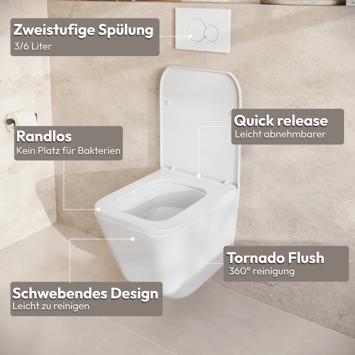 Hangtoilet met Inbouwreservoir - Vierkant Wit - Drukplaat Rond Zwart - Linea - lomazoo.com