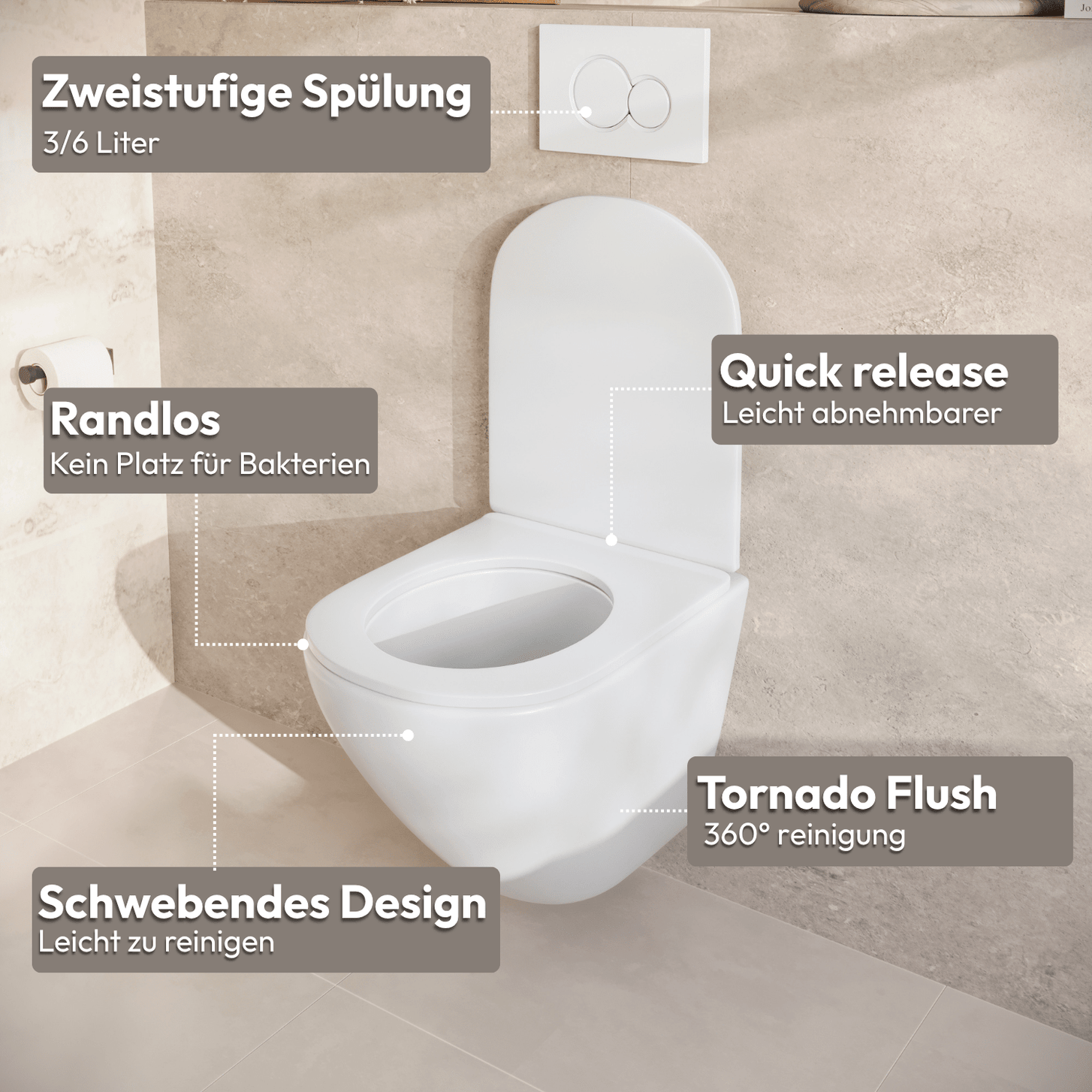 Hangtoilet met Inbouwreservoir - Rond Wit - Drukplaat Vierkant Chroom - Linea - lomazoo.com