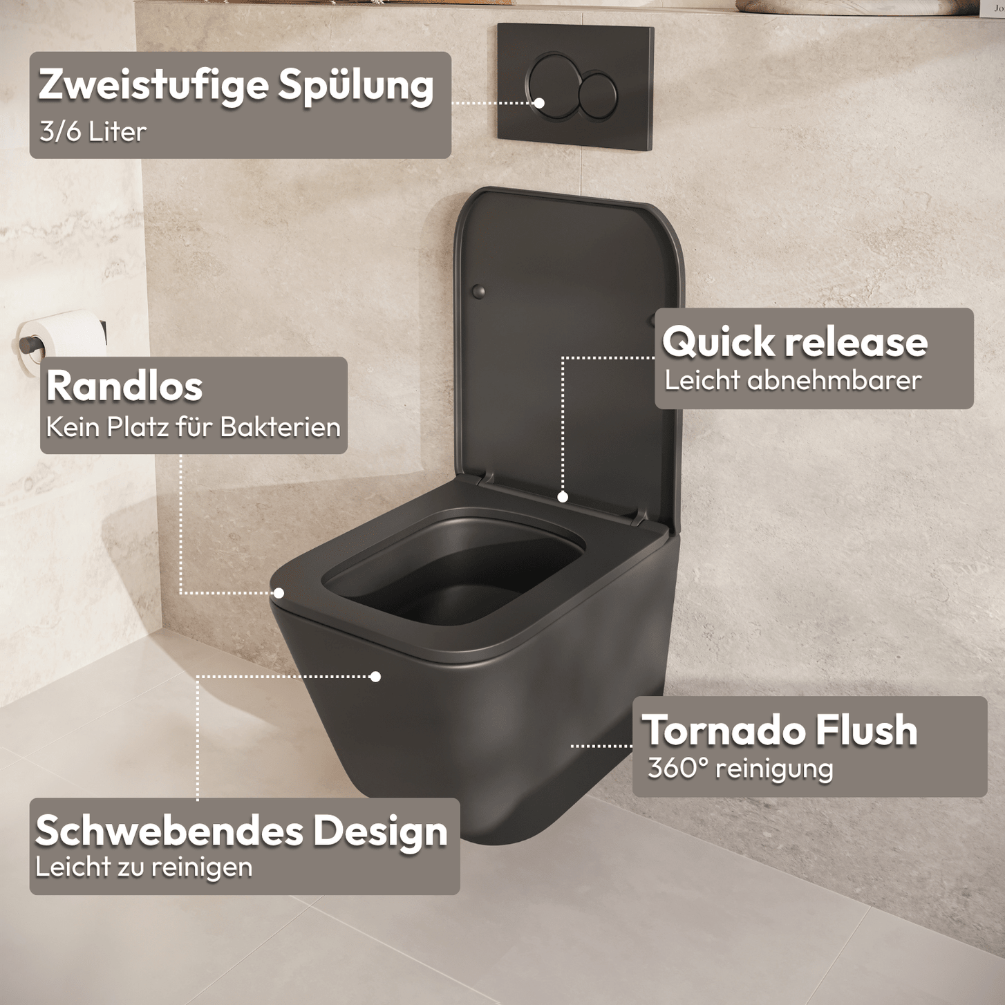 Hangtoilet met Inbouwreservoir - Vierkant Zwart - Drukplaat Vierkant Goud - Linea - lomazoo.com