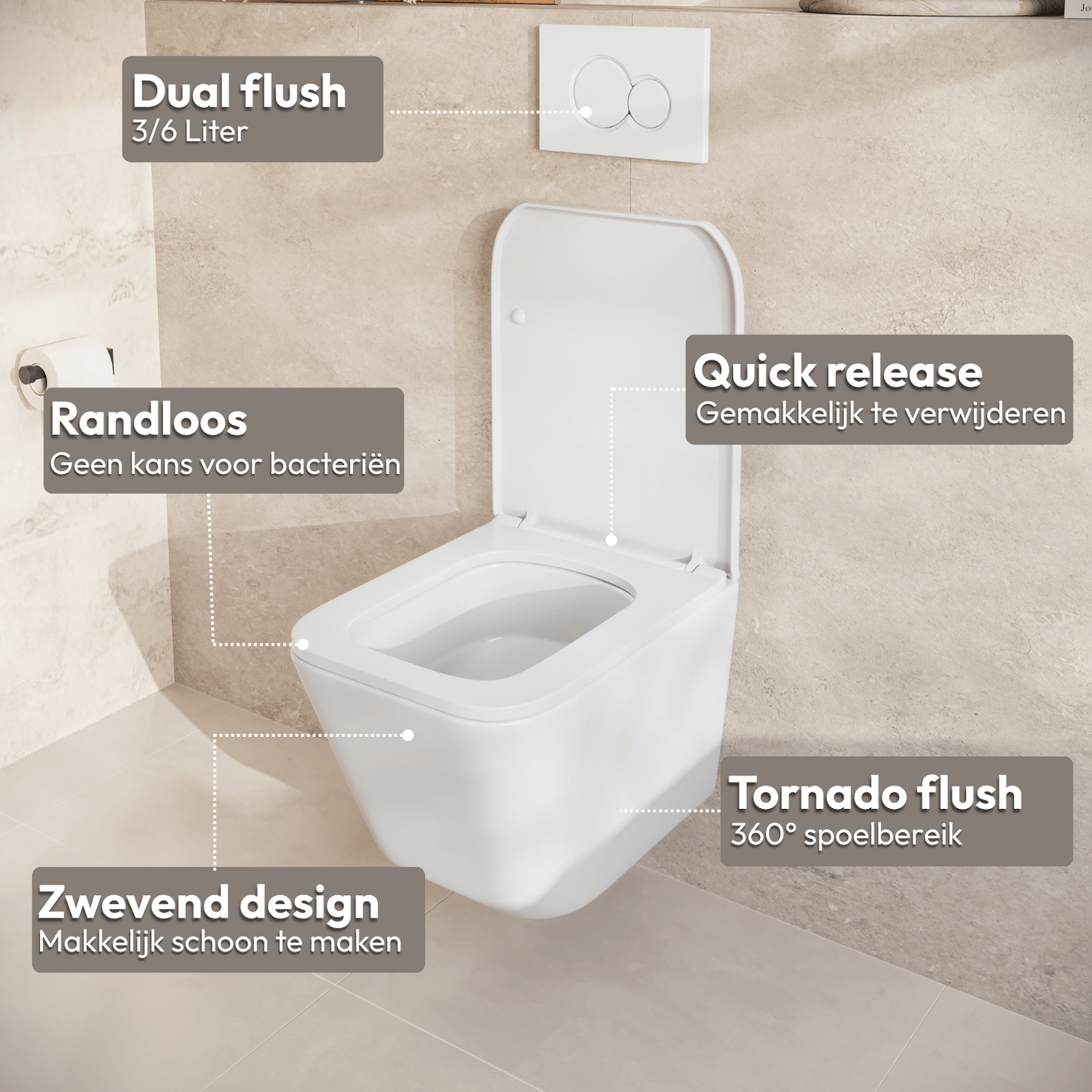 Hangtoilet met Inbouwreservoir - Vierkant Wit - Drukplaat Vierkant Zwart - Linea - lomazoo.com