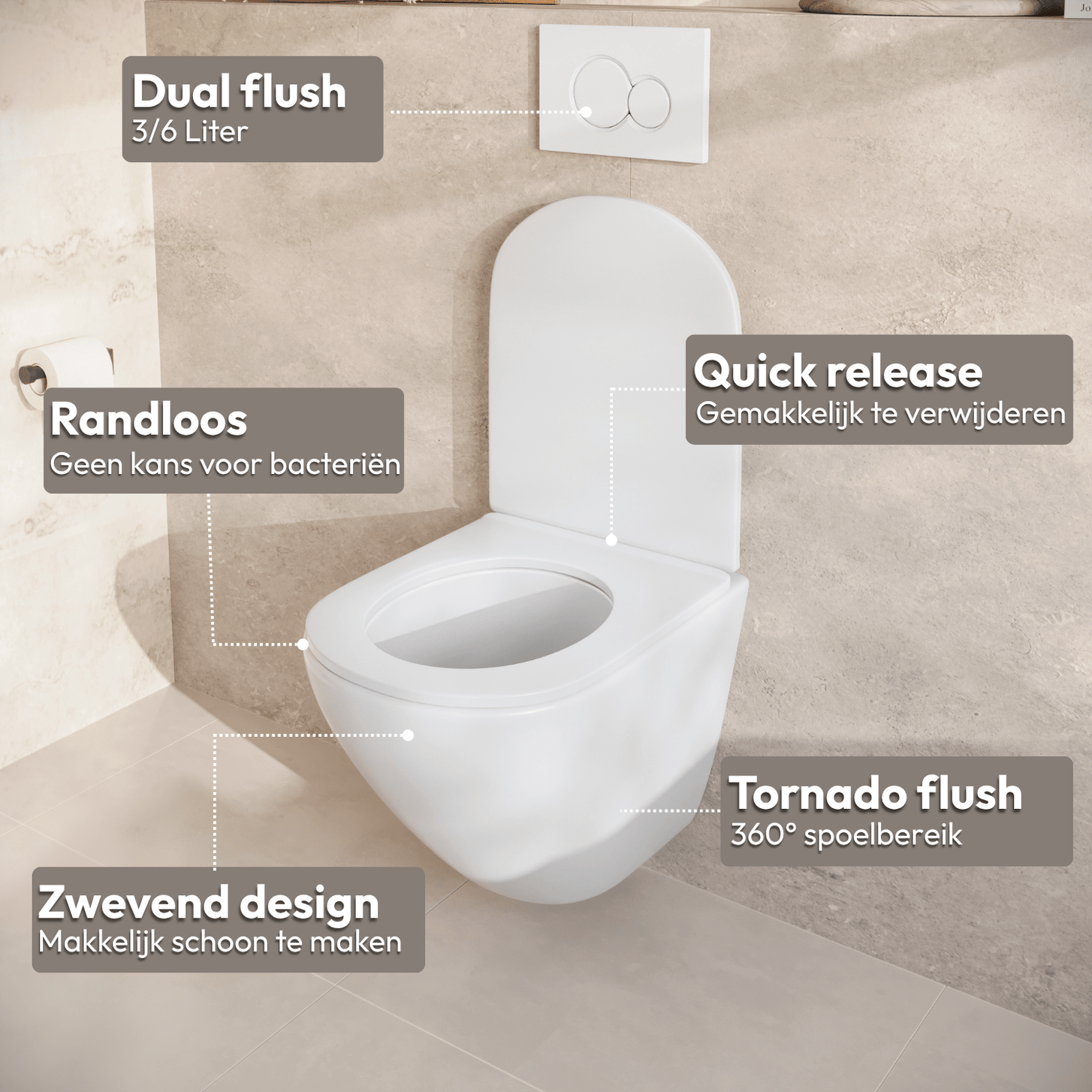 Hangtoilet met Inbouwreservoir - Rond Wit - Drukplaat Vierkant Goud - Linea - lomazoo.com