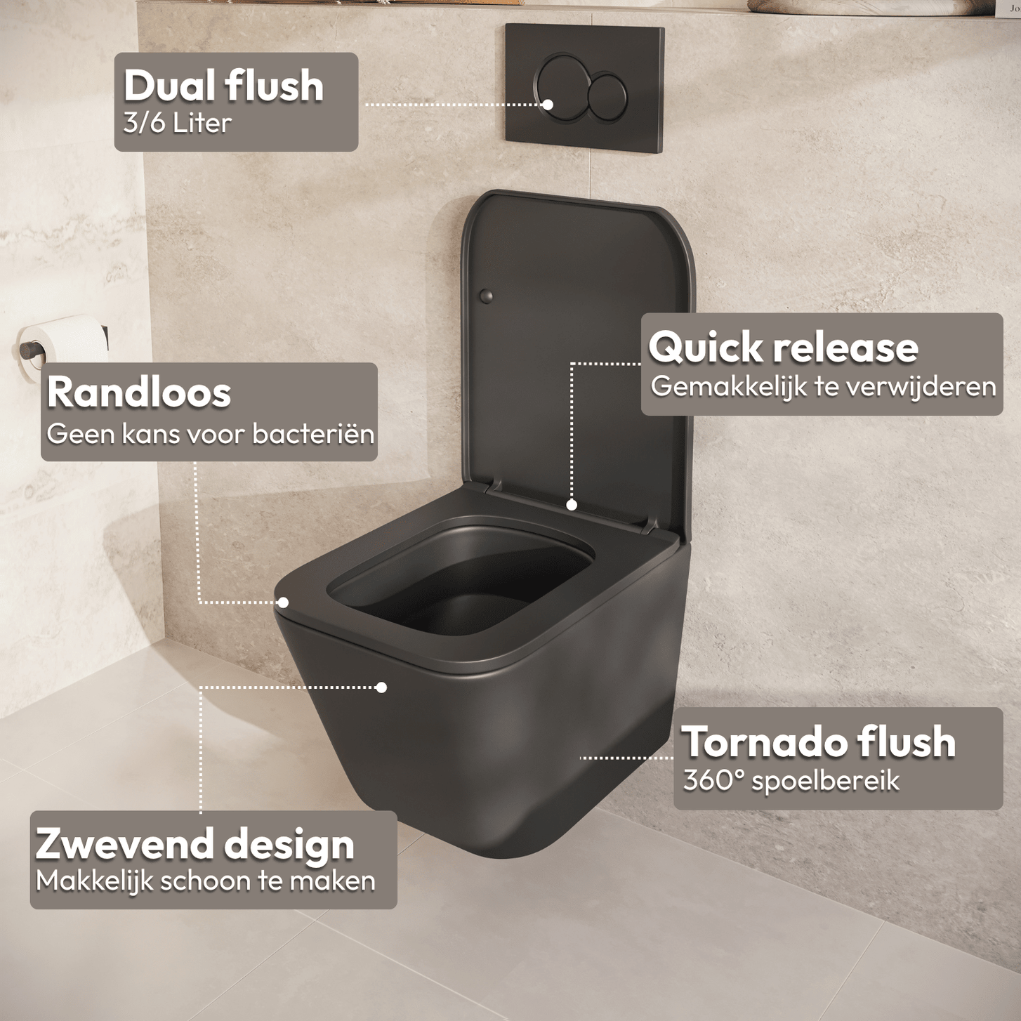Hangtoilet met Inbouwreservoir - Vierkant Zwart - Drukplaat Vierkant Zwart - Linea - lomazoo.com