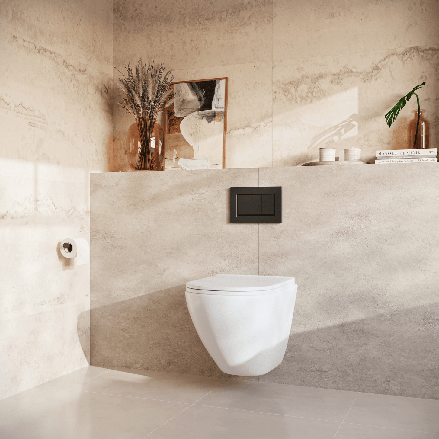 LOMAZOO Hangtoilet met Inbouwreservoir - Rond Wit - Drukplaat Vierkant Zwart - Linea - lomazoo.com