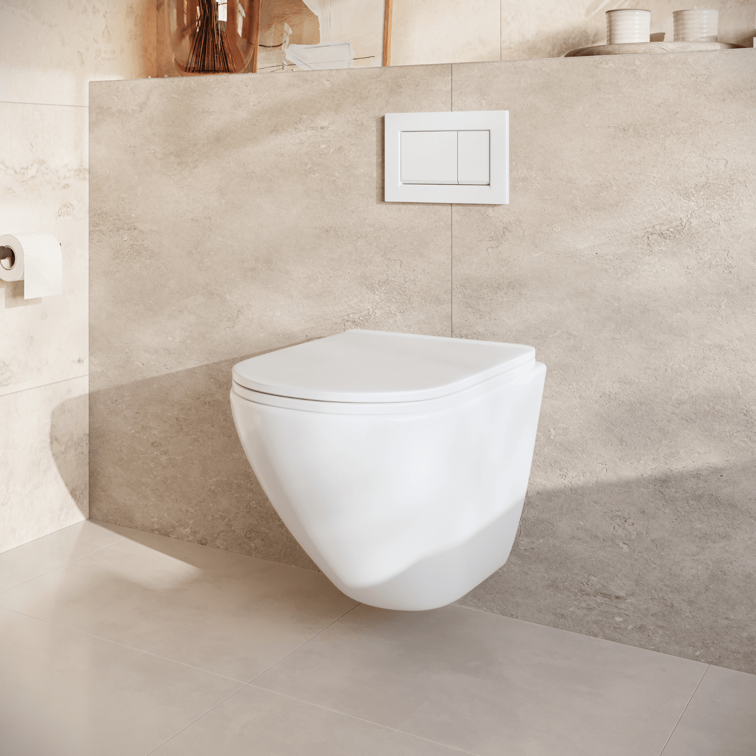 Hangtoilet met Inbouwreservoir - Rond Wit - Drukplaat Vierkant Wit - Linea - lomazoo.com