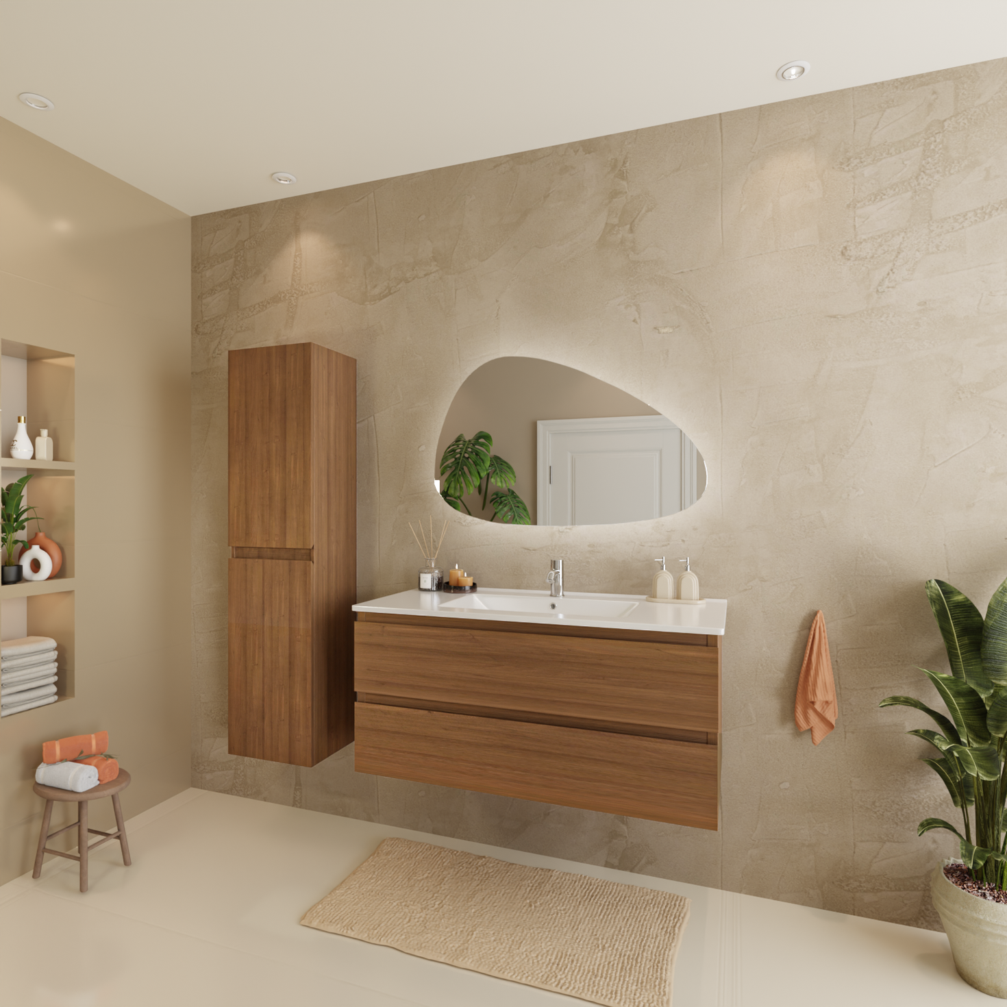 VERONA Badezimmermöbel-Set 100 cm – Mit Hochschrank – Warmes Eichenholz – Weißes Waschbecken
