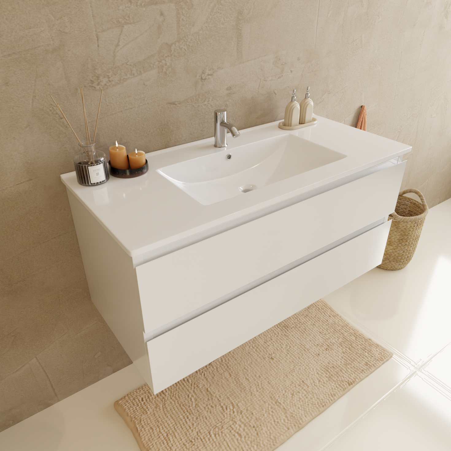 VERONA Badezimmermöbel-Set 100 cm – Mit Hochschrank – Glänzend Weiß – Weißes Waschbecken
