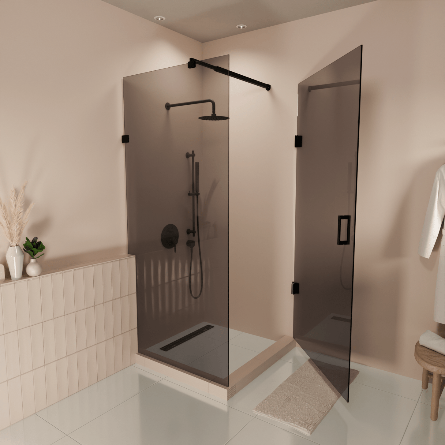 Douchecabine Cali 90 x 90 x 200 cm - Matzwart - Gerookt Glas Nano Coating - Draaideur - lomazoo.com