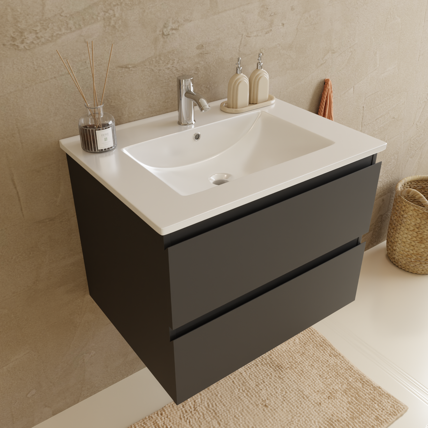 VERONA Badezimmermöbel-Set 60 cm – Mit Hochschrank – Mattschwarz – Weißes Waschbecken